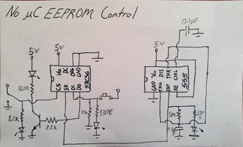 Circuit diagram showing the connections between the EEPROM and the 555 timer chip