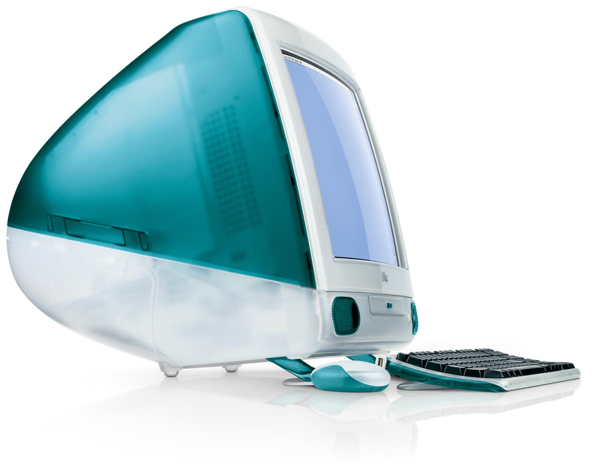 A blue and white trayloading iMac G3.