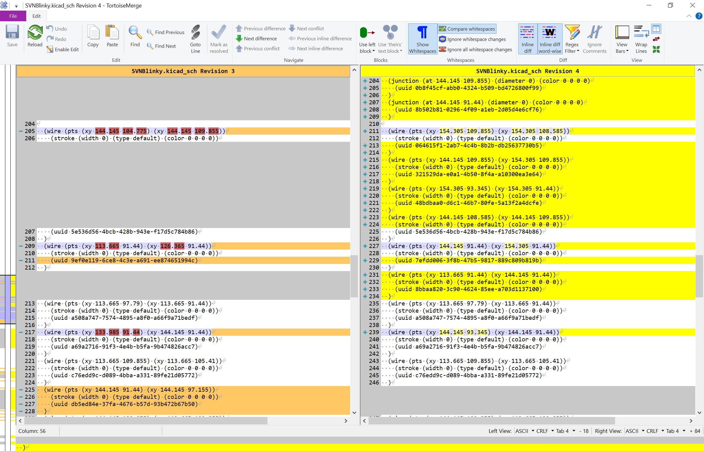 A screenshot of TortoiseSVN's diff screen showing a lot of changed lines between revisions.