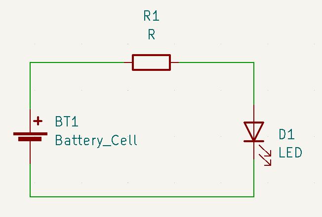 A screenshot of KiCAD showing a circuit with a battery, resistor and an LED.