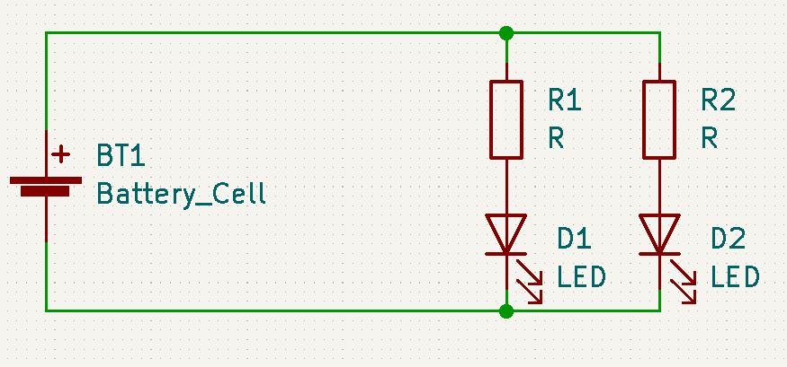 A screenshot of KiCAD showing a circuit with a battery, two resistors and LEDs.