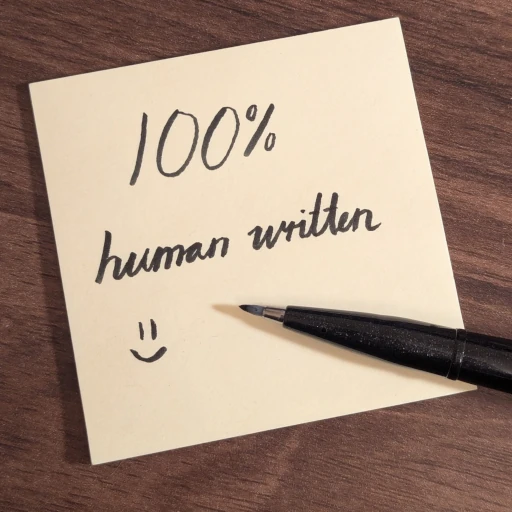 A yellow sticky note with the words '100% human written :)' handwritten in black ink. A brush pen rests on the sticky note. The note and pen rest on a dark wooden desk.