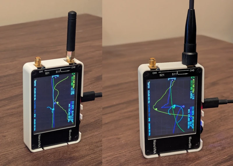 Two side-by-side images of a VNA measuring SWR of a stubby, and half-wave antenna.