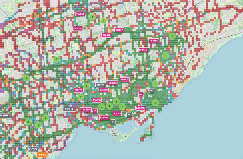 A map with a bunch of little square overlaid. Green areas cover the GTA core, while patchy green, orange and red areas cover smaller cities in the suburbs..