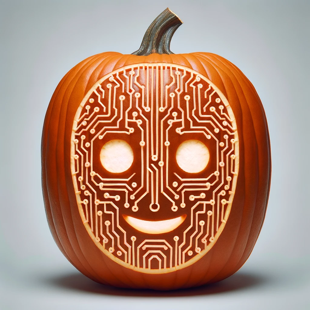 A front view of a carved Jack o' Lantern. The circular eyes and blank smile is surrounded by carvings of circuit board traces. A white glow emanates from the eyes and mouth.