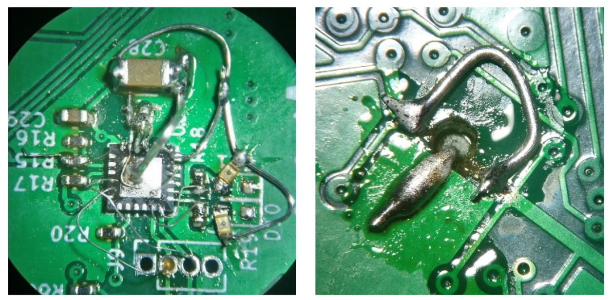Left: a magnified image of an upside down integrated circuit with tiny wires coming out of it and going to other places on the PCB. Right: a magnified photo of the bottom of a PCB with a hole drilled through it and a wire poking through and leading to a ground plane.