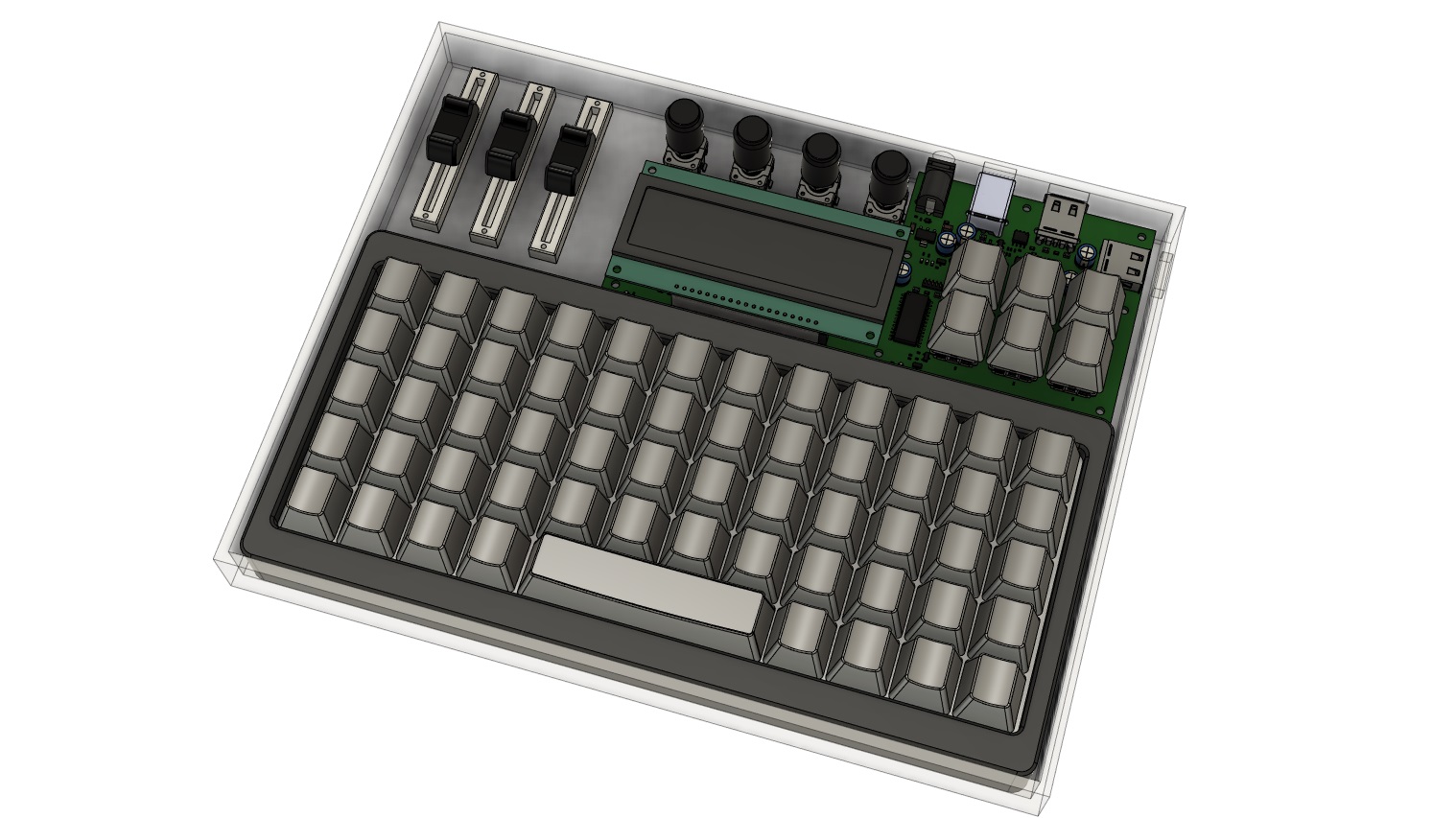 A 3D rendering of an enclosure containing a mechanical keyboard, a device with a screen, and a few knobs and sliders.